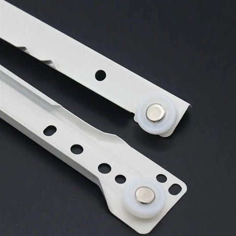 Close-up of Full Extension Drawer Slides Set For Desks And Furniture, 1 Pair, with smooth and quiet operation on black background.