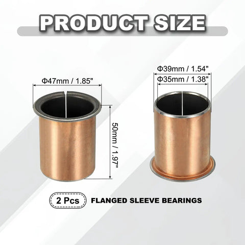 2 Pack Flanged Sleeve Bearings 35mm Bore, 39mm OD, 50mm Long with 47mm Flange Diameter and 2mm Flange Thickness, Iron Base with Copper Outer, Heavy Duty Sleeve Bearing Set for Machinery, Motors, and DIY Projects product size diagram with dimensions