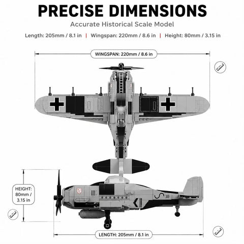 FW-190 Fighter Aircraft Build Kit With 503 Pieces For Adults And Hobbyists, top and side view showcasing precise dimensions.