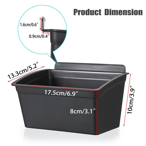 Single black heavy duty plastic slatwall bin from 15 Piece Slatwall Bins Set For Garage And Workshop Storage with dimensions.