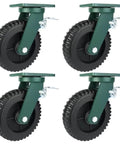 Top Shelf Heavy Duty Industrial Caster Set Of Four Six And Eight Inch Swivel Fixed Castors With Solid Rubber Tires, featuring six-inch rubber wheels with swivel brakes.