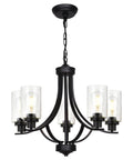 Farmhouse 5-Light Chandelier Pendant Light in black finish with clear glass shades, empire design for dining room and kitchen.