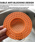 3 Pack Heavy Duty Sink Drain Strainers Real Game Changer For Keeping Showers And Bathtubs Fresh While Blocking Hair And Food Clogs. Orange strainer in hand over sink.