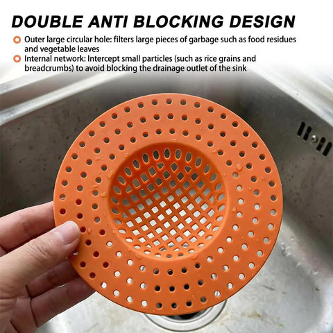 3 Pack Heavy Duty Sink Drain Strainers Real Game Changer For Keeping Showers And Bathtubs Fresh While Blocking Hair And Food Clogs. Orange strainer in hand over sink.