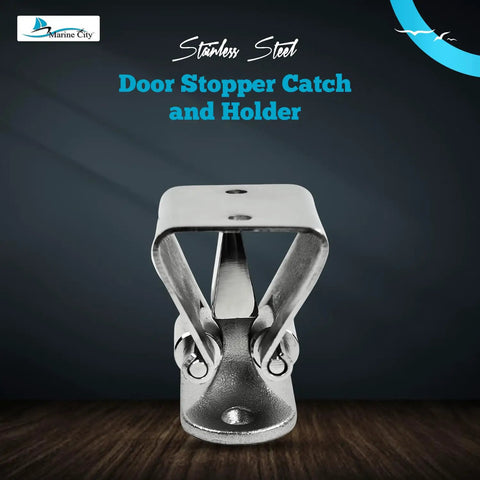 Front view of Door Stopper Catch And Holder Heavy Duty Marine Grade Stainless Steel Rust Resistant Ideal For Boats And RVs.