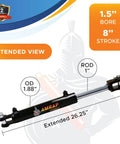 Extended view of Heavy Duty 1.5 Inch Bore 8 Inch Stroke Hydraulic Cylinder Double Acting Welded Clevis With Three Eighths Inch NPT Ports