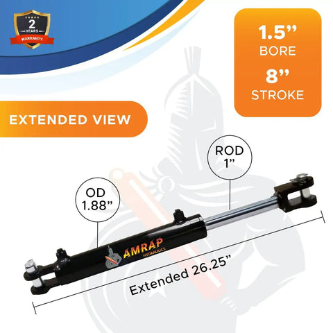 Extended view of Heavy Duty 1.5 Inch Bore 8 Inch Stroke Hydraulic Cylinder Double Acting Welded Clevis With Three Eighths Inch NPT Ports