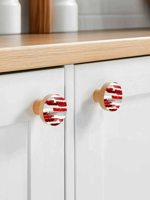 Top Shelf Solid Beech Wood Cabinet Knobs 2 Pack 1.6 Inch Round Grey Red Abstract Art Drawer Pulls on white kitchen cabinets.