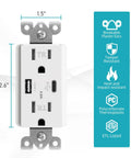 Diagram of Plug And Play USB Outlet With Type C And Type A Dual Fast Charging Receptacle, 4.8A Total Output, 15A 125V, White