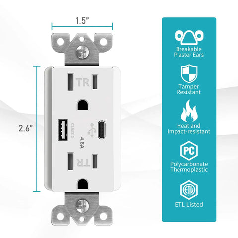 Diagram of Plug And Play USB Outlet With Type C And Type A Dual Fast Charging Receptacle, 4.8A Total Output, 15A 125V, White