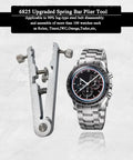 Pro Grade Watch Spring Bar Plier Tool Kit With Tweezers And 10 Replacement Pins For Link Removal And Band Repair - Precision Pro Grade Watch Band Tool Set For Hobbyists And Professionals, shown next to a stainless steel watch.