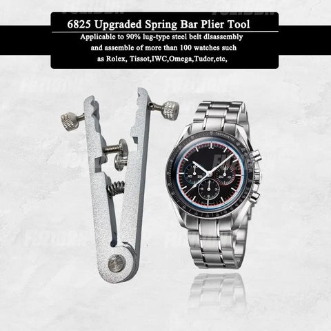 Pro Grade Watch Spring Bar Plier Tool Kit With Tweezers And 10 Replacement Pins For Link Removal And Band Repair - Precision Pro Grade Watch Band Tool Set For Hobbyists And Professionals, shown next to a stainless steel watch.