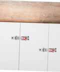 Heavy Duty Adjustable Toggle Clamp Latch With 360 Pound Capacity For Freezer Doors Cabinets Boxes And Tool Cases Built To Last And Keep Lids And Panels Secure In Busy Shops. Two galvanized iron toggle clamp latches on white cabinet doors