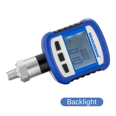 Angled side view of MEASUREMAN digital pressure gauge with blue housing, 1/4'' NPT stainless steel connection, and backlit display