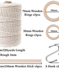 All In One Macrame Kit For Beginners With Natural Cotton Rope 3mm x 220 Yards A Complete Wall Hanging Set Including Wooden Beads, Rings, S Hooks And Easy DIY Guide, showing rope, rings, sticks, S hooks.