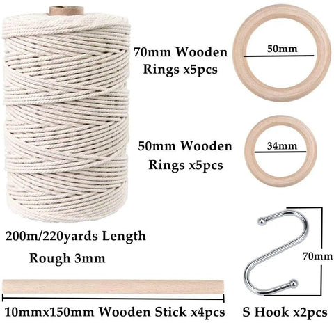 All In One Macrame Kit For Beginners With Natural Cotton Rope 3mm x 220 Yards A Complete Wall Hanging Set Including Wooden Beads, Rings, S Hooks And Easy DIY Guide, showing rope, rings, sticks, S hooks.