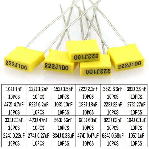 Film Box Capacitor Assortment Kit 240Pcs, Metallized Polyester Capacitors 1nF To 1uF, 24 Values, 63V-100V, showing five yellow capacitors