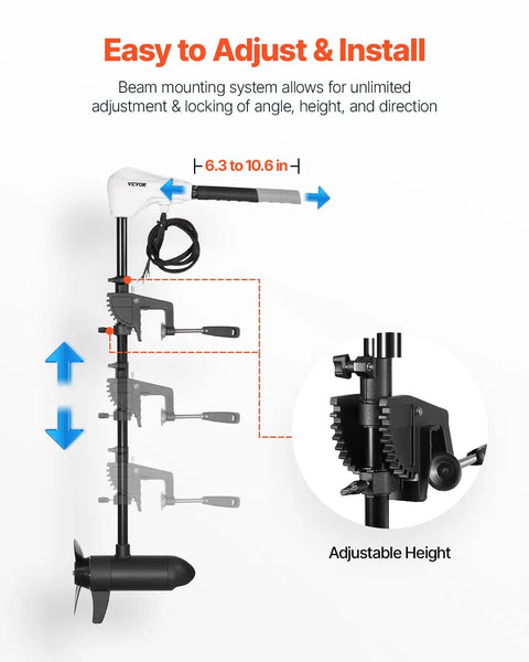 Electric Trolling Motor For Kayaks And Fishing Boats, 12V 55 Lbs Thrust, adjustable transom mount height, close-up view.