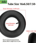 Heavy Duty 16x6.50-8 And 16x7.50-8 Inner Tube With Straight Valve Stem for lawn mowers, golf carts, and more, shown with dimensions.