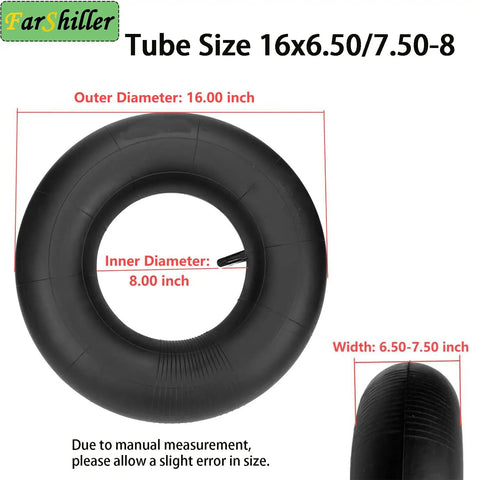 Heavy Duty 16x6.50-8 And 16x7.50-8 Inner Tube With Straight Valve Stem for lawn mowers, golf carts, and more, shown with dimensions.