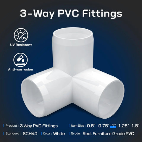 Heavy Duty 1 Inch PVC Fittings 3 Way 10 Pack Furniture Grade For DIYers, UV Resistant, Schedule 40 Pipes Compatible Connector
