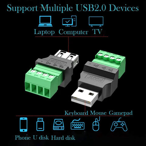 Two Pack USB 2.0 Type A Male To Four Pin Screw Terminal Connectors, 300V 8A, Nickel Plated, Built Tough For Power Testing, Keyboard, Mouse, Camera And Other DIY Electronics Projects for laptop, TV and USB devices
