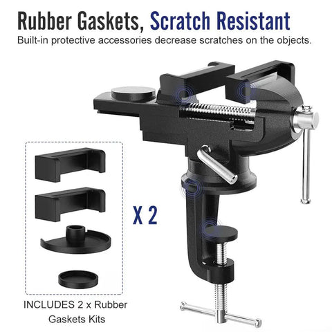 3 Inch Universal Swivel Base Table Vise With 360 Degree Rotation Portable Bench Clamp showing rubber gaskets