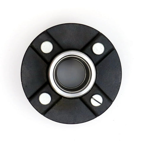 Front view of UCUT trailer hub assembly kit; black 4-bolt hub on a 4-inch circle with bearing in center.