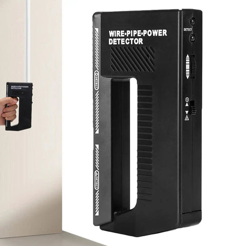 Metal Detector - Wire Finder Wall Scanner, Stud Sensor Hardware Tool in hand detecting wires against a wall.