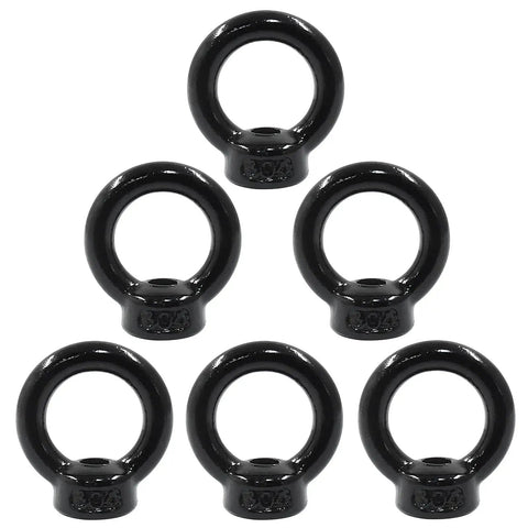 Six Pack M6 Eye Nuts Set Stainless Steel Lifting Eye Nuts Ring Style Fasteners For Heavy Duty Rigging And Anchoring Corrosion Resistant High Load Capacity For Industrial Use, showing front view of black eye nuts.