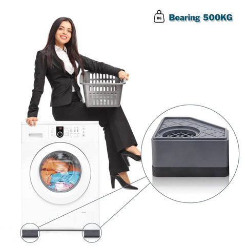 Woman sitting on washing machine, highlighting Anti Vibration Pads for Washing Machine and Dryer Feet Kit Heavy Duty Rubber Shock Absorbing Pads.