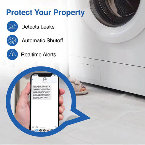 Intelliflow Half Inch Smart Washing Machine Water Shutoff Valve With Leak Sensor And Real Time Text And Email Alerts For Peace Of Mind, Inlet Adapters Included, Flood Detection, Auto Shutoff For Home Protection installed by washing machine