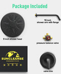 Matte Black Wall Mounted Rain Shower System With 9 Inch Rain Shower Head, Three-Way Shower Set, Single-Handle Trim Kit And Rough-In Valve For Easy Bathroom Remodel package contents