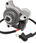 Universal 3 Bolt Electric Starter Motor for 50cc through 125cc dirt bikes with 12-tooth gear, clockwise rotation, front view.