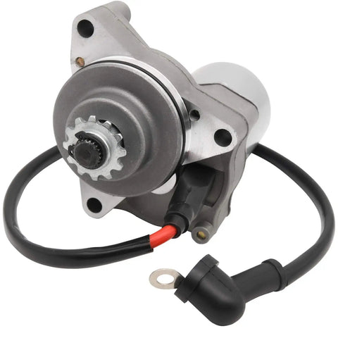 Universal 3 Bolt Electric Starter Motor for 50cc through 125cc dirt bikes with 12-tooth gear, clockwise rotation, front view.