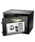 Drop Slot Money Safe Box With Digital Keypad Lock for cash docs jewelry valuables, open with dollar bills visible, solid black steel