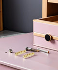 Seven Shape Jewelry Box Hinges Kit Zinc Alloy 12 Pack Precision Cast shown with pink wood box and tools