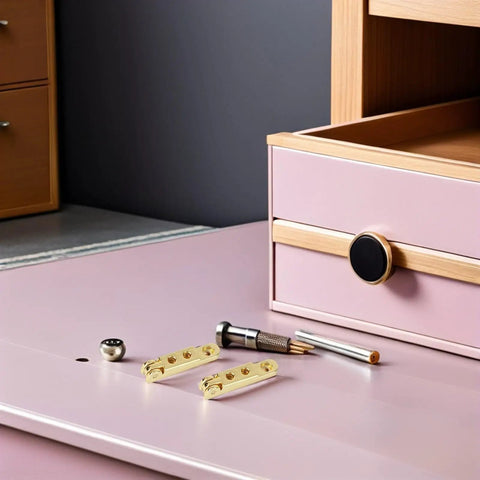 Seven Shape Jewelry Box Hinges Kit Zinc Alloy 12 Pack Precision Cast shown with pink wood box and tools