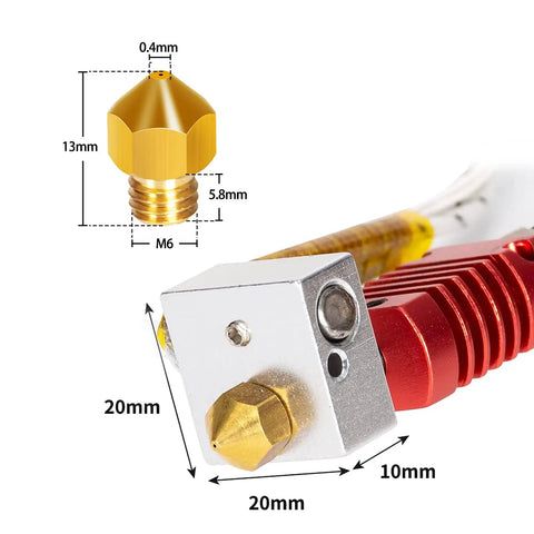 Extruder Hot End Kit With 0.4mm Nozzle And Aluminum Heating Block For 3D Printers, NTC 3950 100K Thermistor, 1M PTFE Tube, Compatible With X5SA X5SA Pro XY 2 Pro, 24V 50W Max 275C Anti Leak. Gold 0.4mm M6 brass nozzle with hot end block