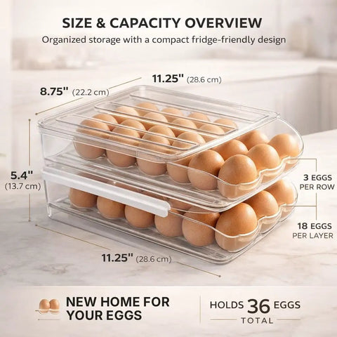 Stackable Fridge Egg Dispenser With Rolling Auto Dispense Holds 36 Eggs in two-layer clear design on kitchen counter