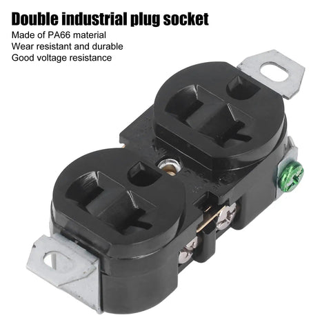 Heavy Duty Industrial Duplex Power Outlet 20 Amp 125 Volt Double Wall Socket for Stove Dryer Generator with PA66 black shell.