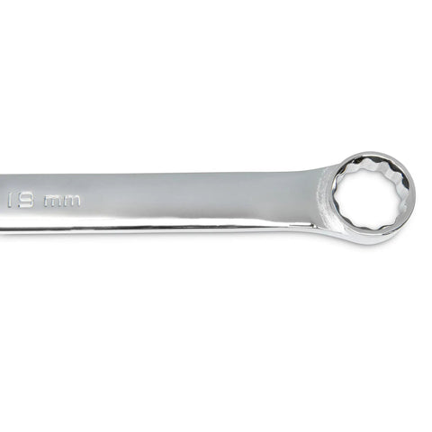 Close-up of 12 point box end of 4 Piece XL GearBox 12 Point Double Box Ratcheting Wrench Add On Set SAE Pro Grade reflecting light.