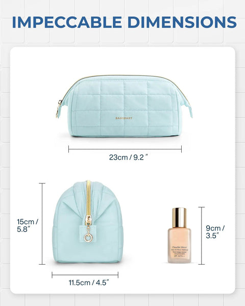 Puffy Padded Makeup Bag For Women With Wide Opening Travel Toiletry Organizer Case Light Blue Cosmetic Pouch with dimensions