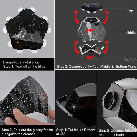 Assembly instructions for Galaxy Star LED Night Light Projector With Bluetooth Music Player lampshade, showing step-by-step process.