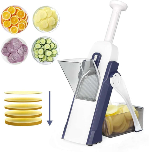 Blue and white adjustable mandoline slicer with five blades and vegetable collection bin, front view.