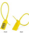 Front and back view of Yellow Plastic Barcode Seals Pack, Tamper Evident Security Tags, Pull Tite Zip Ties For Fire Extinguishers, 10 Inch Length.