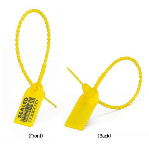 Front and back view of Yellow Plastic Barcode Seals Pack, Tamper Evident Security Tags, Pull Tite Zip Ties For Fire Extinguishers, 10 Inch Length.