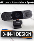 Game Changing 3 In 1 Webcam With 2K HD Autofocus And Noise Cancelling Mic Plus Crisp Stereo Speaker For Laptop Or PC Monitor, front view with logo.