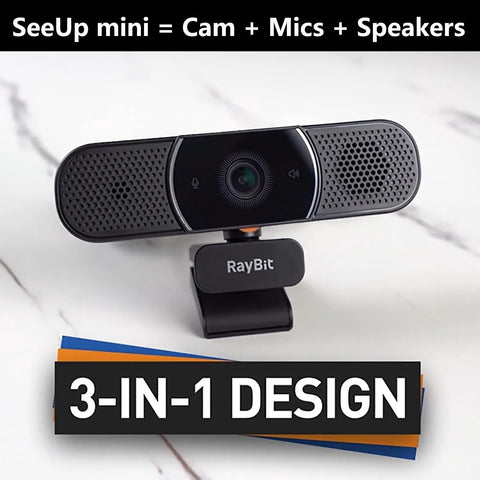Game Changing 3 In 1 Webcam With 2K HD Autofocus And Noise Cancelling Mic Plus Crisp Stereo Speaker For Laptop Or PC Monitor, front view with logo.
