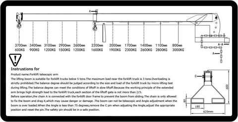 Badass Job Site Beast 6600lb Forklift Mobile Crane With 12ft Telescopic Jib Boom dimensions and load instructions diagram.